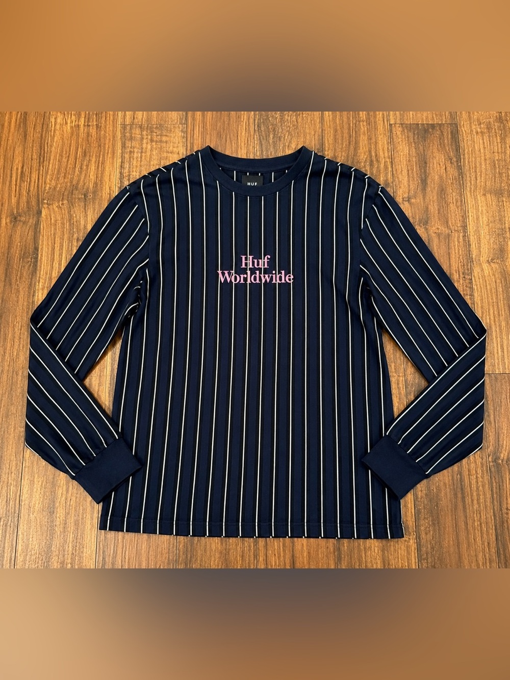 HUF Worldwide Embroidered Stripe Long Sleeve Tee Small Navy Pink Logo